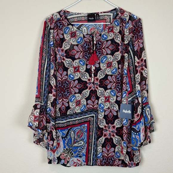 NWT Rafaella Black/Tan/Blue/Red Paisley Boho Sheer Blouse w/ Built In Black Cami - Picture 1 of 9